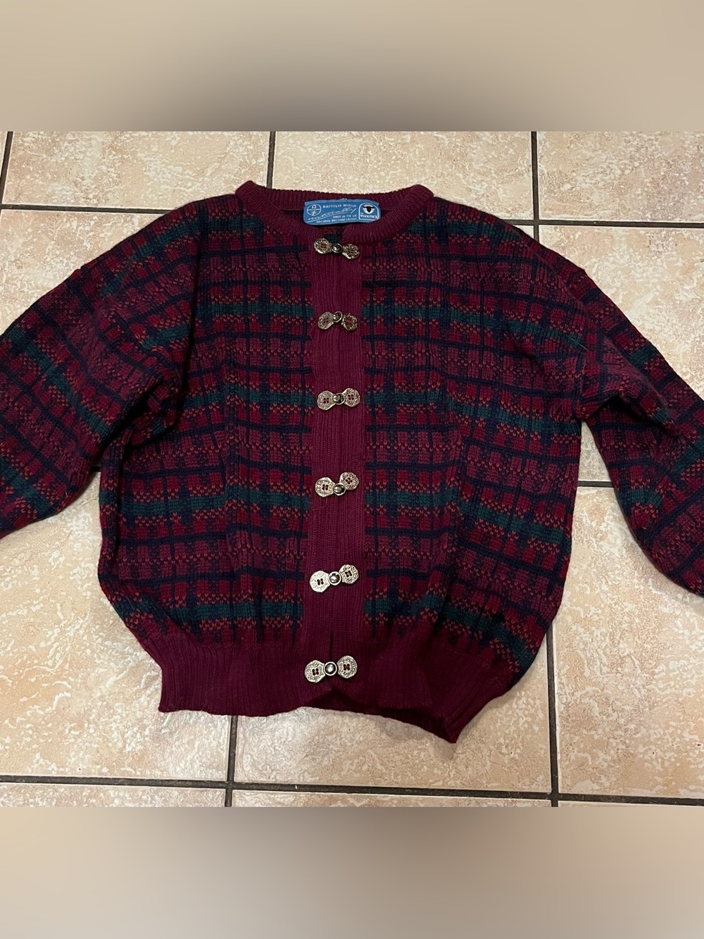 Vintage 100% British Wool Asymmetrical Plaid Cardigan with Golden Clasps